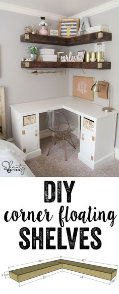 a corner desk with shelves above it and the words diy corner floating shelves below