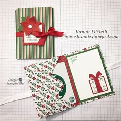 three christmas cards with red bows and green designs on them, one has a gift box