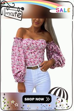 Floral Print Off Shoulder Puff Sleeves Tops Puff Sleeves Tops, Tops Long Sleeve, Women Tops, Puff Sleeves, Long Tops, Puff Sleeve, Off Shoulder, Long Sleeve Tops, Sleeve Top