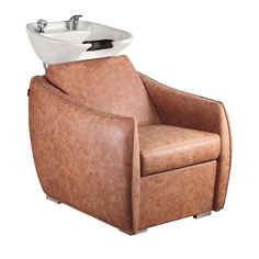 a brown chair with a sink on top of it's back end and legs