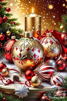 a painting of christmas ornaments and a candle