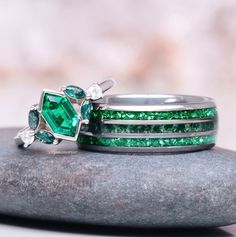 Introducing our exquisite Hexagon Emerald & Moss Agate Couples Ring Set, a perfect symbol of unity and everlasting love. This unique set features two beautifully crafted rings designed to complement each other, just like you and your partner. ►Her Ring: *Material: 925 solid sterling silver with rhodium finish.  *Design: Elegantly set with a striking hexagon-shaped emerald, surrounded by the natural beauty of moss agate accents, this ring is a timeless piece that exudes grace and sophistication. Emerald Jewelry For Promise Ring With Polished Finish, Polished May Birthstone Jewelry For Weddings, Polished Emerald Ring For Wedding, Emerald Cut Gemstone Stackable Wedding Rings, Wedding Jewelry With Polished Emerald, Emerald Cut Stackable Emerald Rings For Wedding, Emerald Crystal Wedding Ring With Ethical Gemstones, Wedding Stackable Emerald Rings With Emerald Cut, Wedding Diamond Ring With Polished Emerald