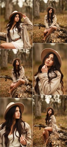 a woman wearing a hat sitting in the woods