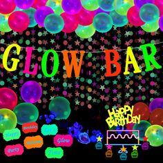 glow party decorations and balloons with the words glow bar