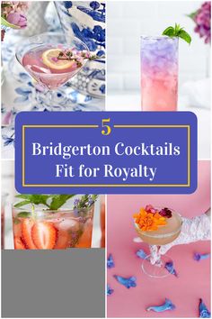 Collage of 4 bridgerton cocktails. Bridgerton Aesthetic Drinks, Pride And Prejudice Drinks, Bridgerton Snacks Ideas, Jane Austen Cocktail, Bridgeton Watch Party, Bridgerton Buffet, Bridgeton Food Ideas, Bridgerton Inspired Desserts, Royalty Party Ideas