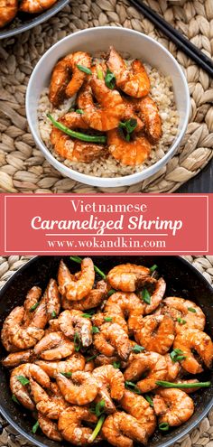 vietnamese caramelized shrimp served in a skillet with rice and chopsticks