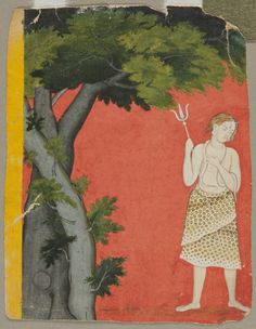 an old painting with a man holding a tree