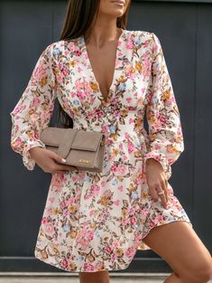 F00116334-105 Multicolor Floral Print Chiffon Dress V-neck, Corset Design, Floral Dress Casual, Party Dress Long Sleeve, Puff Sleeve Dresses, Flounce Sleeve, Spring Summer Dress, Maxi Dresses Casual, Party Dress Long