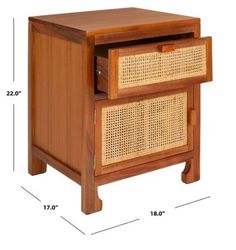 a wooden cabinet with two wicker baskets on the front and bottom drawers, measurements