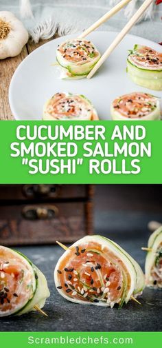 cucumber and smoked salmon sushi rolls on a plate with chopsticks