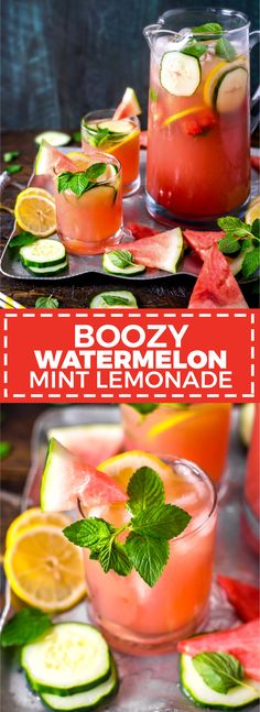 watermelon mint lemonade is garnished with sliced cucumbers and limes