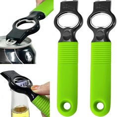 two green handled scissors are being used to open a beer can with wine openers