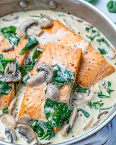 salmon and mushroom soup in a bowl with spinach on the side, title says easy & simple salmon florentie