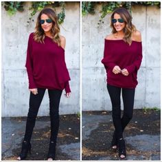 This Cute Pullover Sweater Is So On Trend With Off Shoulder Neckline And Comfy Fabric, This Sweater Will Go With Everything In Your Fall Wardrobe! It Would Also Be Perfectly Styled With Skinny Pants For Weekend Outings! Polyester/Cotton! Trendy Burgundy Top For Fall, Trendy Burgundy Tops For Fall, Oversized Burgundy Long Sleeve Top, Burgundy V-neck Top For Winter, Sweater And Leggings, Off Shoulder Neckline, Off Shoulder Sweater, Sweaters And Leggings, Loose Sweater