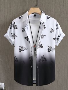 Men Floral Print Ombre Shirt Without Tee, Short Sleeve Button Up Graphic Art Shirt For Husband Black and White Boho  Short Sleeve Fabric Floral,Ombre Shirt Non-Stretch Summer Men Clothing, size features are:Bust: ,Length: ,Sleeve Length: Ombre Shirt, Stylish Shirts Men, Smart Casual Men, Stylish Hoodies, Shirt Casual Style, Men Stylish Dress