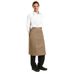 a woman wearing an apron and standing in front of a white background with her hands on her hips