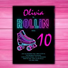 a neon roller skate birthday party card with the number ten on it and an image of a