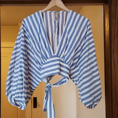 Nwt Bubble Sleeve Bow Tie Shirt Striped V-neck Top For Daywear, Striped Cotton Tops For Brunch, Cotton Striped Tops For Brunch, Oxford Comma, Blue Embroidered Top, Bow Tie Shirt, Velvet Sweatshirt, Boho Tunic Tops, Tie Shirt