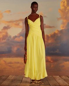 model wearing yellow dress with criss cross bodice and knots in the straps Draped Skirt, Ruched Bodice, Dress Home, Sun Kissed, Sunny Day, Yellow Dress, Xl Dress, Dresses Xs, Sweetheart Neckline