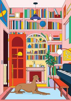 a dog is sitting in the middle of a room with bookshelves and a piano