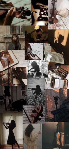 a collage of photos with various people playing instruments and violins in the background