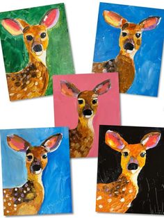 four paintings of deer in different colors and sizes, each painted with acrylic paint