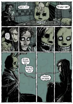 a comic strip with an image of a skeleton in the background