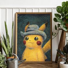 a painting of a pikachu wearing a hat and holding a watering can on a shelf