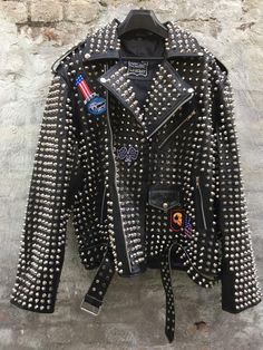 New Mens Punk Rock Full Silver Studded Patches Black Leather Jacket on Storenvy Punk Style Studded Outerwear For Fall, Fall Biker Jacket With Spikes And Long Sleeves, Fall Long Sleeve Biker Jacket With Spikes, Spiked Long Sleeve Leather Jacket For Biker Events, Spiked Leather Jacket For Biker Events, Punk Style Outerwear With Rivets For Fall, Winter Punk Studded Outerwear, Rocker Leather Jacket With Studs And Long Sleeves, Punk Winter Outerwear With Studs