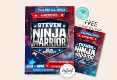 an image of a flyer for a ninja warrior birthday party with the text,'thank you