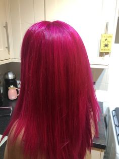 Pink Hair With Other Colors, Fuisha Color Hair, Hot Pink Red Hair, Fuchsia Pink Hair, Purplish Pink Hair, Dark Fuchsia Hair, Starfire Hair Color, Solid Pink Hair, Cassis Pink Hair