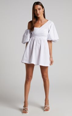 Sula Mini Dress - Asymmetric Off One Shoulder Puff Sleeve Dress in White | Showpo USA Shoulder Puff Sleeve, Short Long Dresses, Puff Sleeve Dress, Puffed Sleeves Dress, Ankara Styles, Mini Dress With Sleeves, Short Dress, Sleeve Dress, Ankara