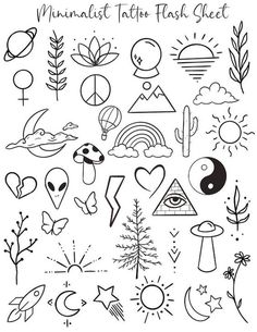 the minimalist tattoo flash sheet includes symbols, such as sun, moon, and trees