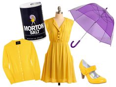 a woman's yellow dress with purple umbrella and shoes