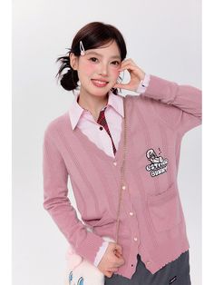 The price is for a cardigan only, others are not included.  Garment Size   	 		 			Size 			S 			M 			L 			XL 		 		 			Full Length 			61 			62.5 			64 			65.5 		 		 			Shoulders 			39 			40 			41 			42 		 		 			Bust 			96 			100 			104 			108 		 		 			Sleeve Length 			61 			62 			63 			64 V-neck Fall Sweater For School, V-neck Sweater For School In Fall, Fall V-neck School Sweater, Casual V-neck Sweater For School, Pink V-neck Cardigan For Work, Preppy Long Sleeve Cotton Cardigan, Preppy Cotton Cardigan With Long Sleeves, Preppy Long Sleeve Spring Cardigan, Preppy Long Sleeve Cardigan For Spring