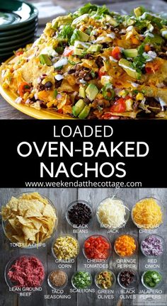 loaded oven - baked nachos with different toppings on the top and bottom