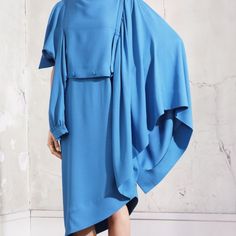 Unusual, Very Interesting Dress Blue Pre-draped Dress For Spring, Blue Midi Dress With Draped Sleeves For Evening, Spring Evening Cape Dress, Formal Silk Cape Dress, Silk Cape Dress For Formal Occasions, Blue Midi Dress With Draped Sleeves, Formal Pre-draped Cape Dress, Spring Formal Dress With Cape Sleeves, Spring Dresses With Draped Sleeves And Cape