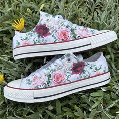 Whimsical Roses Custom Low Top Converse - Etsy Custom Slip On Vans, Shoes Artwork, White Low Top Converse, Chuck Taylor Shoes, Low Top Converse, Converse Low, Converse Run, Converse Low Tops, Size 12 Women