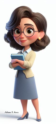 a cartoon character is holding a book and looking at the camera with glasses on her head