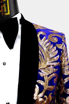 Gold Fitted Luxury Blazer, Royal Blue Tuxedo Suit For Party, Gold Tuxedo Suit For Party, Fitted Gold Suit For Holiday, Gold Festive Evening Suit, Gold Sequin Blazer For Evening, Luxury Velvet Outerwear For Party, Fitted Gold Blazer For Party, Gold Fitted Blazer For Party