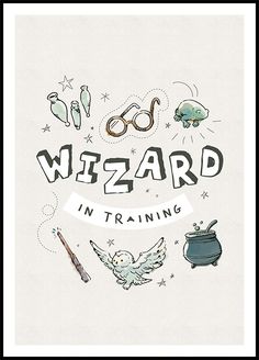 the wizard in training poster is shown with other items around it and an owl on top