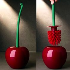 two pictures of a red apple with a green handle and fan sticking out of it