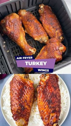 chicken wings are being cooked in an air fryer and on top of white rice