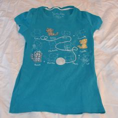 Has Cute Cats Some Writing Never Worn Blue Cache Cache Blue Cotton Top With Cat Print, Blue Casual Top With Cat Print, Casual Blue Cat Print Top, Casual Blue Tops With Cat Print, Blue Casual T-shirt With Cat Print, Cute Fitted Blue Shirt, Casual Blue T-shirt With Cat Print, Blue Short Sleeve Top With Cat Print, Cat Shirt