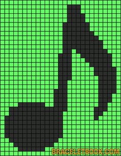 a cross stitch pattern with a musical note in black and green colors on a light green background