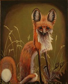 a painting of a fox sitting in the grass