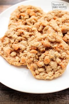 three oatmeal butterscotch cookies on a white plate with the title overlay