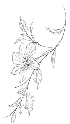 a line drawing of flowers and leaves on a white background with the moon in the distance