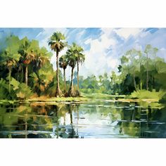 a painting of palm trees in the water