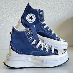 Converse Run Star Legacy Platform Hi Top In A Navy Blue Canvas. Condition: New Size: Women's 8.5 = Men's 7 Color: Navy/Black/Egret Style Code: A04367c Don't Let A Little Rain Cramp Your Style. The Run Star Legacy Cx Mixes Bold Platform Styling With Premium Comfort And Rain-Ready Details, Like A Waterproof Bootie And A Non-Wicking Canvas Upper. A Lightweight Cx Midsole And Sockliner Help Keep You Light On Your Feet, While Distorted Chuck Taylor Design Elements Keep Them Guessing. A Winged Tongue Sporty Blue Canvas Shoes With Speckled Midsole, Blue Converse High-top Sneakers With Rubber Sole, Blue Converse Canvas High-top Sneakers, Blue Mid-top Canvas Shoes With Rubber Sole, Blue High-top Canvas Shoes With Rubber Sole, Blue Converse High-top Canvas Sneakers, Blue Converse Canvas Sneakers, Blue Mid-top Converse Canvas Shoes, Blue Canvas Low-top Custom Sneakers